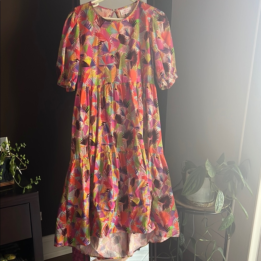 Pink and Orange Ruffled Tiered Sundress with Puff Sleeves